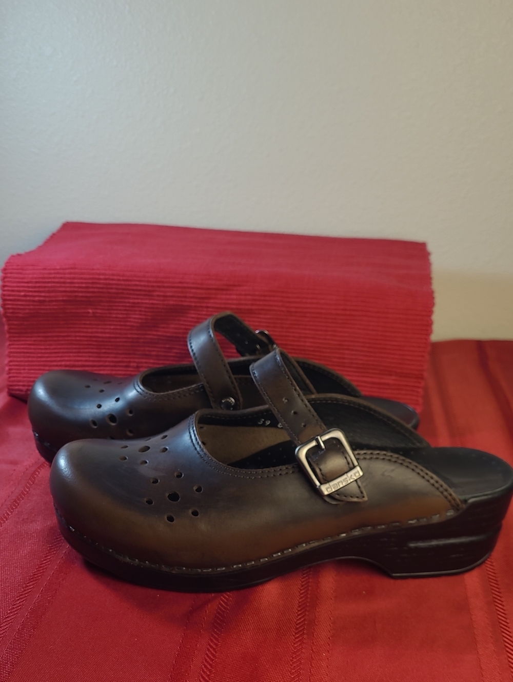 Dansko Brown Leather Mary Jane Clogs with Buckle Strap
